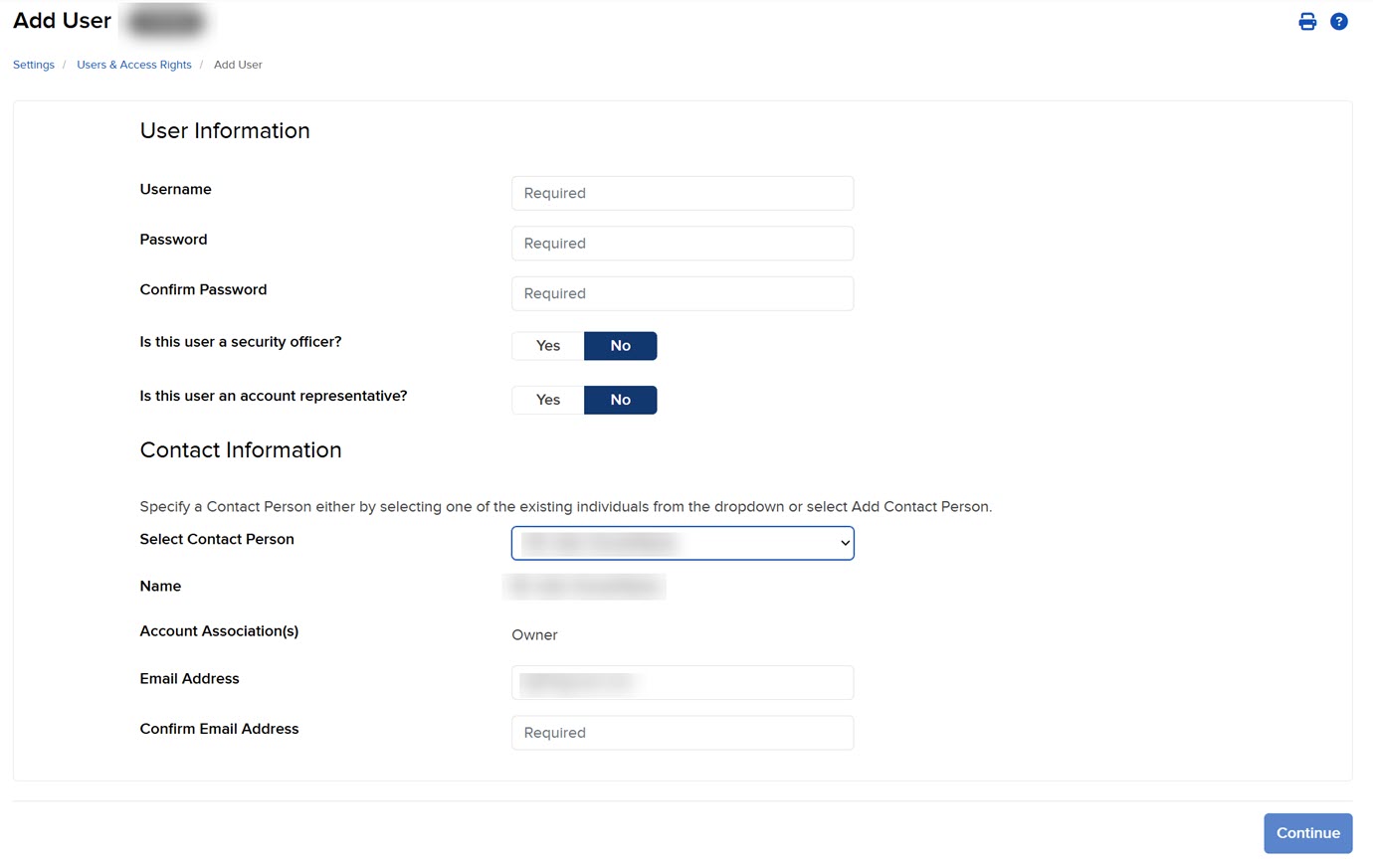 The add user panel in Portal. 